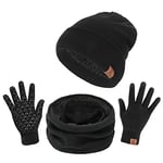 TAGVO Tricotés Ensemble d'hiver Bonnet écharpe gants d'écran tactile 3 en 1, doublure molleton doux Bonnet tricoté chaud cache-cou extensible gants tactiles à 3 doigts pour Homme Femme