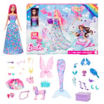 Barbie Advent Calendar with Doll & 24 Surprise Accessories Including Unicorn & 3 Pets, Transform Pink-Haired Fashion Doll into Mermaid, Fairy & More, HRG90