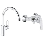 GROHE Robinet de cuisine évier Start Flow, bec en forme de U, pivotant à 360° & Mitigeur monocommande Douche Start Flow, robinet à montage mural, raccord fileté pour flexible en 1/2"