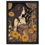 Artery8 Woman in Flower Field Midsummer Night Illustration Artwork Framed A3 Wall Art Print