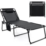 Chaise Longue Pliable, Grande Chaise Longue d'Extérieur avec Dossier Réglable à 4 Positions, Oreiller Amovible & Poche, Chaise de Plage Portable pour