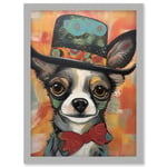 Chihuahua Dog Top Hat and Bowtie Modern Folk Art Artwork Framed Wall Art Print A4