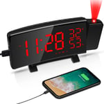 LATEC Alarm Clock, Projection LED Digital Clock Radio with USB Charging Port, 5'' LED Curved-Screen, 12/24H, Snooze, Bedside Mains Powered, Temperature, Adjustable Brightness Screen Projector Office