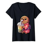 Womens Kiwi Bird Drinking Bubble Tea Japanese Kimono V-Neck T-Shirt