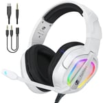 Fachixy「2024 Nouveau」FC-200 Casque de Jeu Pliable pour PS4/PS5/PC/Xbox/Nintendo Switch, Casque PS5 avec Micro ENC, Casque de Jeu 3,5 mm avec lumière RGB - RGB Blanc