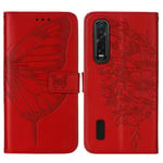 Oppo Find X2 Pro läppäkotelo Butterfly-kohokuvioidulla Pu-nahalla seisontatuen luottokorttikotelon kansi - punainen