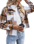 Zeagoo Veste de Transition à Carreaux pour Femme Shacket Court à Manches Longues Manteau en Flanelle avec Boutons Veste d'Automne pour Femme Marron L