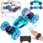 Highttoy Voiture Télécommandée Enfant, 4x4 Voiture Telecommandé Tout Terrain Rotation à 360° Voiture Contrôle Gestuel avec Spray, Musique et LED Jouet Enfant 6 7 8 9 10 Ans Cadeau Garçon, Bleu