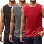 COOFANDY Mens Sleeveless T-Shirt 3 Pack Workout Training Gym Vests Summer Bodybuilding Undershirt UPF 50+ Sun Protection Moisture Wicking Fitness Black/Dark Grey/Red S