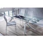 Table repas extensible en verre tokyo piétement en acier laqué blanc 160 x 90 cm - transparent