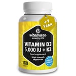 Vitamin D3 5000IU & Vitamin K2 100ug (MK7) | 180 High Strength Vitamin D3 K2 Tablets | 1 Year Supply | Vitamin D3 and K2 for Bone, Teeth, Muscle Function & Immune System