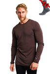 Chemise Homme Manches Longues en Laine Mérinos 100% - Chaud Merino Haut Thermique Homme + Chaussettes de randonnée en Laine mérinos (Large, 250 Chocolate)