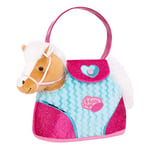 Pucci Pups by Battat ST8274Z Poney Marron en Peluche avec Selle Bleue dans son Sac en Peluche pour Poney Rose Pailleté avec Rayures Bleues - Peigne et Carrotte Inclus