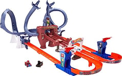 Hot Wheels RacerVerse Spider-Man’s Web-Slinging Speedway Track Set Racers Spider-Man and Black Panther, Multi-Lap Race to Escape Doc Ock, HPL34