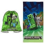 Minecraft Serviette de Plage Coton 100% 70x140cm Enfants + Sac 40x30cm