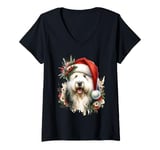 Womens Christmas Old English Sheepdog Dog Watercolor Artwork V-Neck T-Shirt