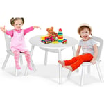 Goplus - Table Enfant avec 2 Chaises 3-7 Ans Ergonomique-Table d'Activités avec Rangement Central en Maille-Pieds en Bois Blanc