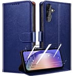 QHOHQ Tenphone Coque pour Samsung Galaxy A54 5G + 2 Pièces Verre Trempé, Etui Protection Housse Premium en Cuir PU, Antivol, Fermeture Magnétique Flip Case pour Samsung A54 5G - Bleu