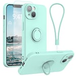 pcgaga Silicone Phone Case for iPhone 14 Plus with Screen Protector [Ring Holder Stand] [Wrist Strap] [Microfiber Lining] Slim Shockproof Protective Cover, 6.7 Inch, Mint Green