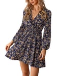 CUPSHE Robe Femme Col V Wrap Look Manches Longues Motif Floral Ligne A Robes Décontractées Mousseline Wrap Mini Robe Multicolore XS