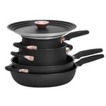 Meyer Accent Induction Hob Pan Set Non Stick - 6 Piece Stackable Pots and Pans Set with Universal Lids & Anti Spill Shape, Black, Stainless Steel & Non Stick