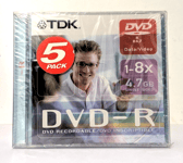 TDK DVD-R 1 x 8 / 4.7GB 5 PACK Recordable Digital Video Discs – NEW & SEALED