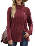 Aokosor Womens Jumpers Ladies Long Sleeve Tops Turtle Neck Tunic Lightweight Button Slit Red Size 14-16