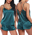 RSLOVE Lingerie Sexy Vêtements de Nuit en Satin Pyjamas Ensemble Cami Shorts Col en V pour Femmes Vert M