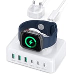 USB C Charger For Apple Watch Wireless Charger 125W GaN 6 Port Charging Station USB C Wall Charger Power Strip Adapter Plug 3 USB C 3 USB A for iPad iPhone 16 14 15 13 12 11 Pro Max Pixel Note Galaxy