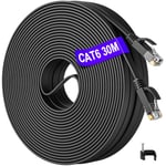 Câble Ethernet 30m, Cat 6 Rj45 30m Long Plat Extérieur Intérieur, Câble Réseau LAN Haut Débit Fibre 1Gbps, Gigabit Cable Internet 30 Mètres Noir Câble Patch pour Switch Modem