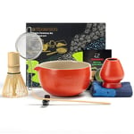 Set de thé japonais (7 pièces) Set de fouet à matcha Bol à matcha avec bec verseur Fouet à matcha en bambou (Chasen) Pelle (Chashaku) Support de fouet à matcha Set de préparation du thé. N19, rouge