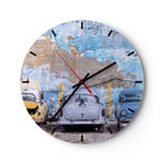 Horloge murale en verre 30x30cm Silencieuse La Havane Ancien Voitures Wall Clock