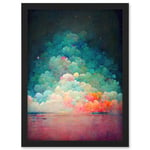 Beach Sunset In Bubble Clouds Dreamy Surreal Abstract Artwork Framed Wall Art Print A4