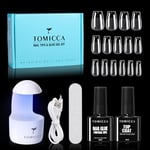 TOMICCA Kit Capsule Americaine Ongle - Pose Americaine Ongle Kit, 240 PCS Capsules Ongle Cercueil Court, Avec 6 en 1 Colle Faux Ongles Top Coat Semi Permanent Et Mini Lampe UV Ongles Gel