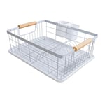 Amig - Graz Dish Rack | 42 x 31.5 x 15 cm | Steel with Wooden Handle | Colour White | Dish Rack with Drip Tray and Cutlery Holder | Capacity for 10 Plates and 6 Glasses