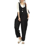 Kvinnor Casual Solid Jumpsuit Lös Baggy Linne Dungarees Byxor Playsuit Overall Romper Black XL