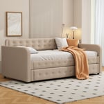 Lit gigogne 90x190/200cm en tissu de lin - avec sommier à lattes - Beige