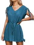 CUPSHE Robe cache-maillot froncée avec cordon de serrage sans manches et col en V pour femme, bleu, Taille XL