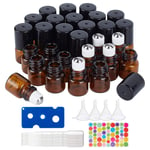 BENECREAT 30 Pack 1ml Amber Glass Roller Bottle with Black Cap Mini Essential Oil Roll on Bottle with 4PCS Hoppers, 1PC Opener, 10 PCS Droppers and 1 Sheet Label for Aromatherap Essential Oil
