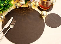 Set of 4 Classic Brown Bonded Leather Round Placemats and 4 Coasters - UK Made