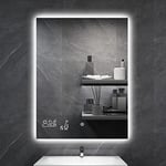 byecold Miroir de Salle de Bain avec éclairage LED 60 x 80 cm, Miroir de Salle de Bain Anti-buée avec Interrupteur Tactile, Miroir Mural Lumineux, Station météo, Vertical