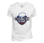 T-Shirt Homme Col V Coach De L'année Rugby Sport Ballon Stade Xv