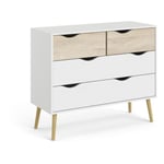 Commode 4 tiroirs - Blanc / Chêne - Piètement évasé en bois massif - 98,7 x 39,1 x 81,7 cm