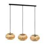 EGLO Suspension luminaire Amsfield 1, lustre à 3 lampes pour salon et salle à manger, lampe de plafond suspendue en métal noir et bambou brun, douille E27, L 96 cm