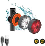 Kit Lampe LED Puissante - Vélo AV/AR - 1,5 W 3,7 V - Rechargeable USB - Fixations Inclus - Vélo/VTT/Trottinette - Étanche et Résistante aux Chocs - Noir et Orange - 9 Pièces