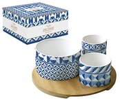 SET APERITIF 3 COUPELLES EN PORCELAINE SUR PLATEAU BAMBOU ROND GEOMETRIC BLUE