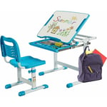 Costway - Bureau Enfant à Hauteur Réglable Inclinable 0-45°, Ensemble Table et Chaise avec Plateau, 1 Tiroir et Crochet en Métal Bleu