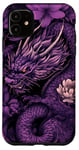 Coque pour iPhone 11 Violet Art Déco Floral Dragon Japonais Samouraï Esthétique