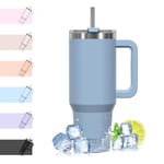 WATERSY Travel Mug Coffee Cup 40oz Tumbler Straw Lid and Handle, Stainless Steel Double Wall Vacuum Insulated Coffee Water Bottle Thermos for Cold Hot Coffee 1182ml Smog Blue