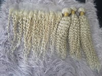 PURE BLONDE 613# BRAZILIAN VIRGIN HUMAN HAIR KINKY CURL 16+18+20&14 FRONTAL 12AA